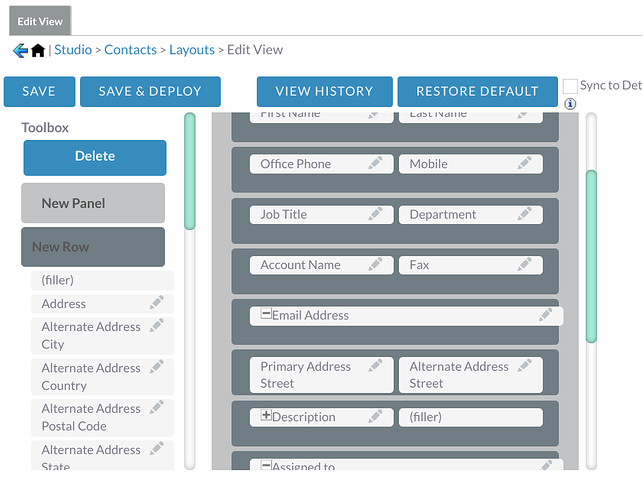 Studio > Contacts > Layouts > Edit View Default Layout - 💬 General ...