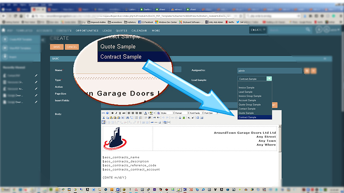 contract template sample in dropdown