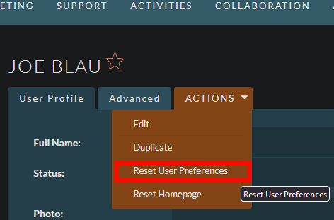 suite actions reset user prefs